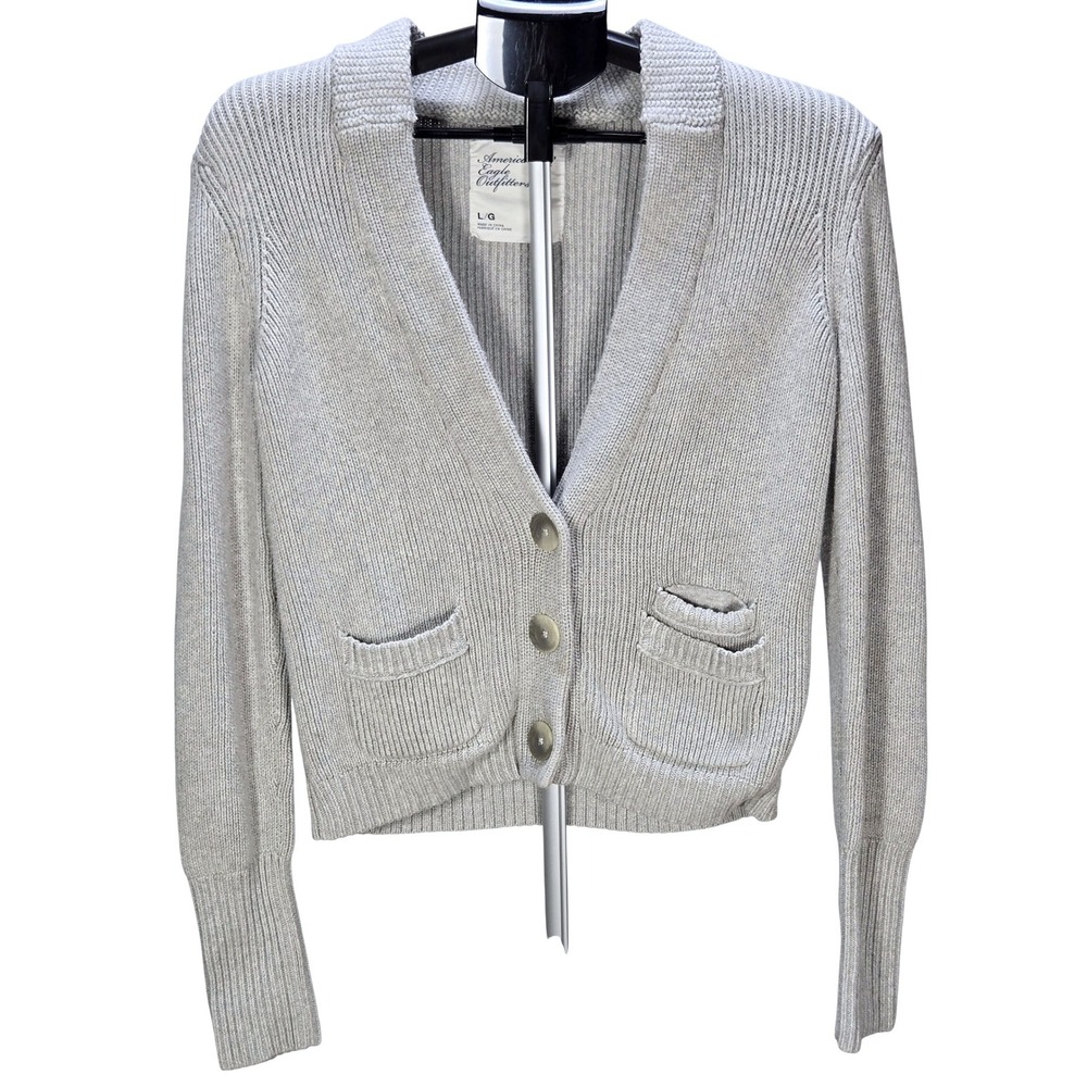 Women's American Eagle Large Grey Shawl Collar Cotton Ribbed Knit Cardigan
